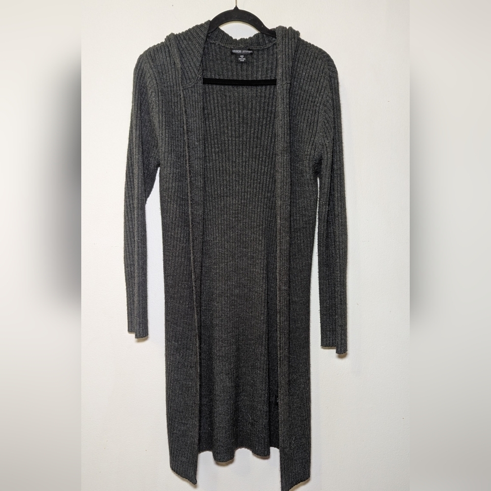Long Ribbed Hooded Cardigan - Dark Gray